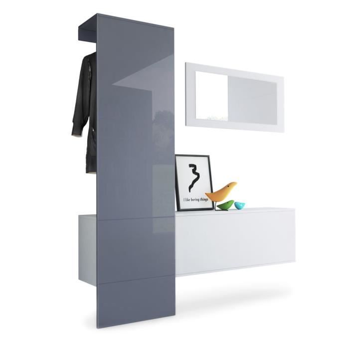Vladon Vestiaire Garderobe Carlton Set 4 Corps en Blanc mat - Panneau portemanteau en Gris haute brillance Vladon Vestiaire Garderobe Carlton Set 4 Corps en Blanc mat - Panneau portemanteau en Gris haute brillance