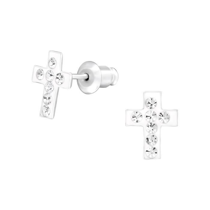 Boucles D'oreilles Argent 925 Croix Avec Améthyste – Pendantes, Neuf Avec étiquettes