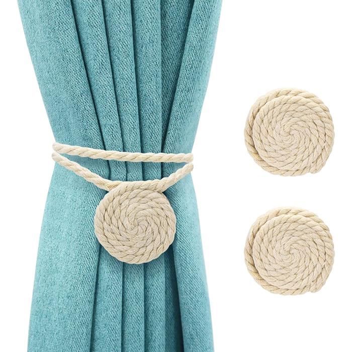 Embrasses Rideau Magnétiques Sans Perçage - Lot De 4 - Coton Tissé Main + Boucle Bois - 38 Cm - Style Bohème