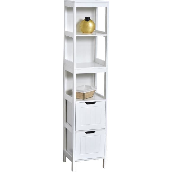 Meuble Colonne De Salle De Bain 3 Etageres Et 2 Tiroirs Blanc