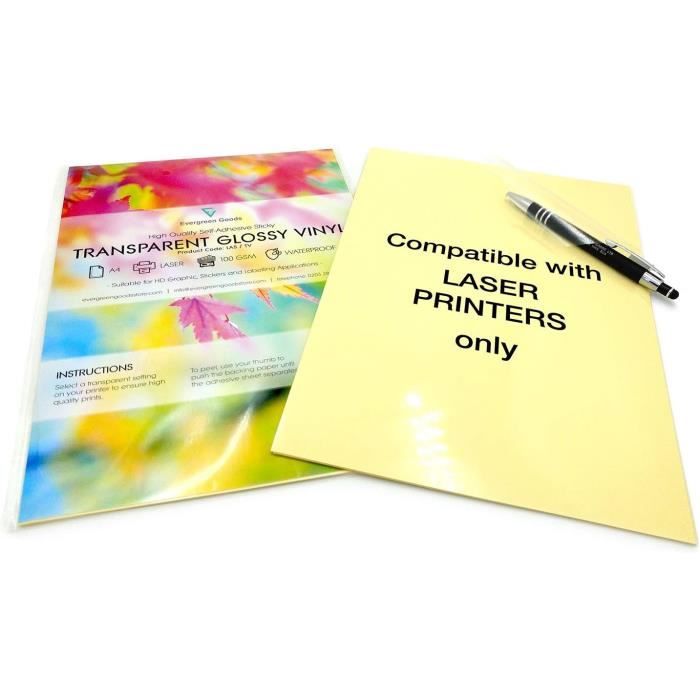 Papier Autocollant Transparent A4 Pour Imprimante - 20 Feuilles Vinyle Non étanche - Pour étiquettes, Stickers Personnalisés - 4
