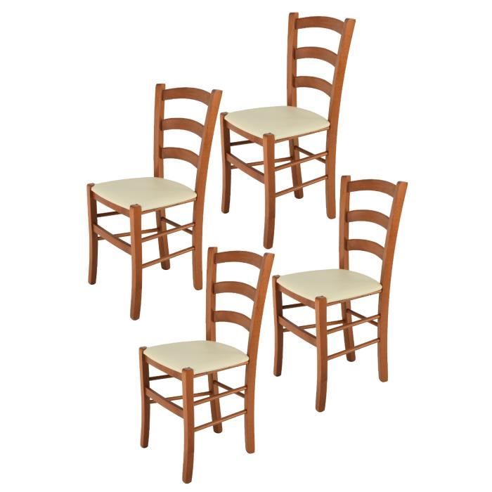 Tommychairs - Set 4 chaises cuisine VENICE structure en bois de hêtre peindré en cerisier et assise en cuir artificiel ivoire