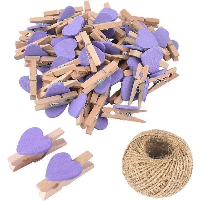 100 Mini Pinces à Linge En Bois En Forme De Cœur + 5 M Ficelle Jute - Déco Murale Photos, Bricolage, Scrapbooking - Cadeau Créatif