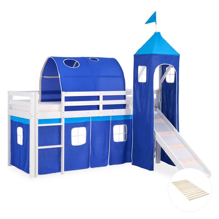 Lit mezzanine pour enfants 90 x 200 cm blanc avec rideau bleu Tunnel Tour Toboggan Avec sommier à lattes Lit mezzanine pour enfants 90 x 200 cm blanc avec rideau bleu Tunnel Tour Toboggan Avec sommier à lattes