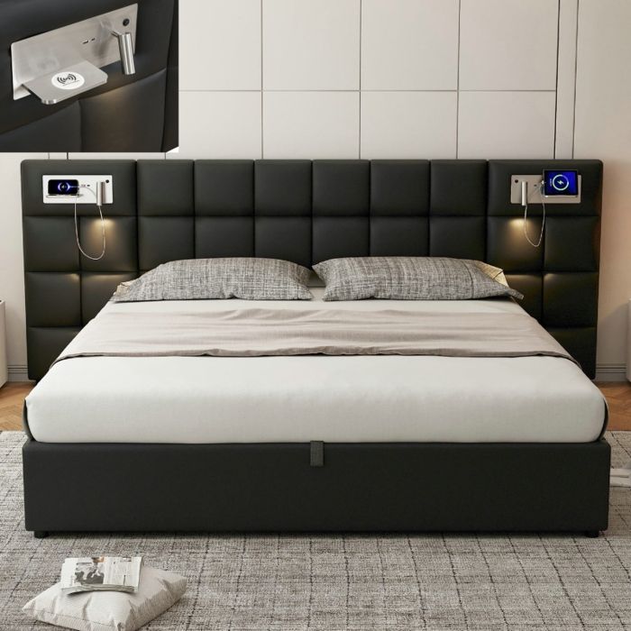 Lit coffre 180 x 200 cm - VVBV - PU noir - Rangement hydraulique - Port USB et recharge sans fil