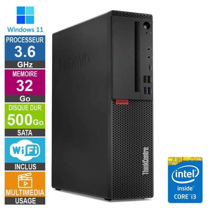 PC Lenovo M720s i3-8100 3.60GHz 32Go/500Go Wifi W11