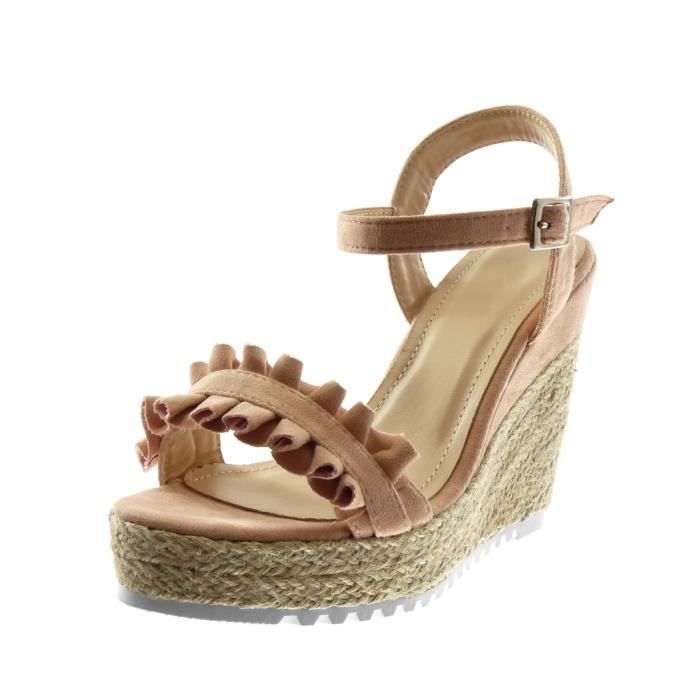 Chaussure Mode Sandale Espadrille lanière Cheville Plateforme Bohème Femme Corde avec de la Paille tressé Talon Compensé 10 CM Angkorly 
