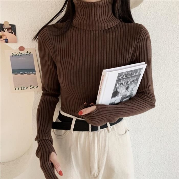 PULL,Pull tricoté à col roulé pour femmes, Pull basique, côtelé, fin, élastique avec trou au