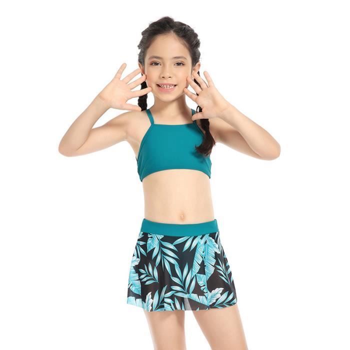 Robe De Natation Anti-UV Fille 1 Pièce Avec Jupe Et Short Intégré - Maillot De Bain Tankini Manches Courtes Taille 2 à 14 Ans