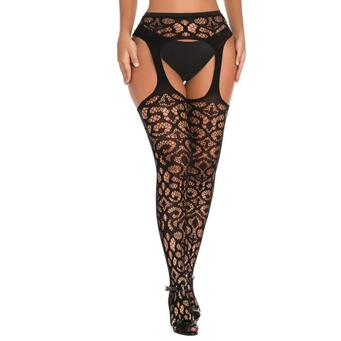 Collants Bas Résille - Sexy Extensible Dentelle - Motifs Fleurs - Noir