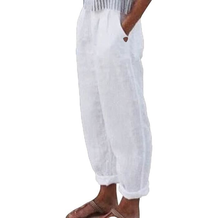 Générique Pantacourt Femme Vêtements Mode Pantalon Été Lin Chic Et Elegant Vetement Grande Taille Short Long Fluide Ete Corsaire Vetements De Sport en Haute Elastique Décontracté Ample Blanc