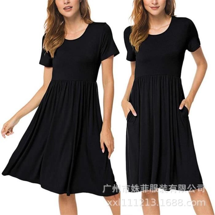 Femmes Ancien Floral Manche Courte Robe Mi-Longue ?�t?� Col Rond ?�lastique Robe Longueur Genou 