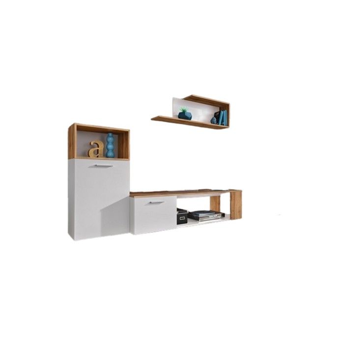 Ensemble de 3 meubles design pour votre salon collection MOZES. Coloris blanc et chêne Ensemble de 3 meubles design pour votre salon collection MOZES. Coloris blanc et chêne