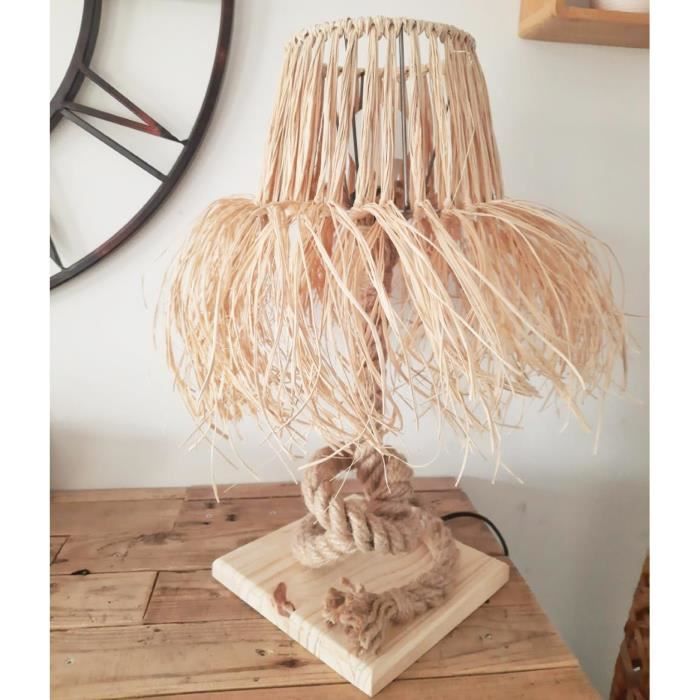 Lampe De Table Lampe De Chevet Bohème En Bois Corde Et Raphia Avec