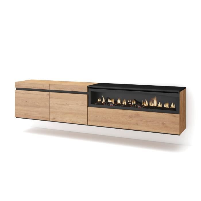 Meuble TV Banc Télé 200x45x35cm Pour les TV jusquà 80 feu électrique Suspendu Mural Chêne et noir RF2159 Meuble TV Banc Télé 200x45x35cm Pour les TV jusquà 80 feu électrique Suspendu Mural Chêne et noir RF2159