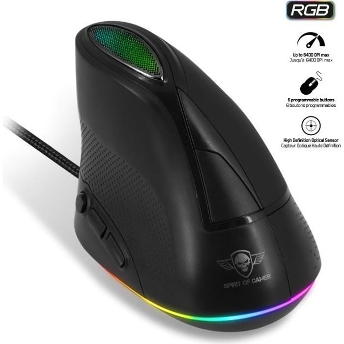 SPIRIT OF GAMER – Souris Gaming ELITE-M60 Vertical – Rétro Eclairage LED RGB Personnalisable – Jusqu’à 6500 DPI Max – 6 Boutons