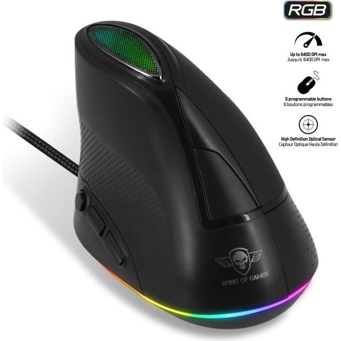 SPIRIT OF GAMER - Souris Gaming ELITE-M60 Vertical - Rétro Eclairage LED RGB Personnalisable - Jusqu’à 6500 DPI Max - 6 Boutons