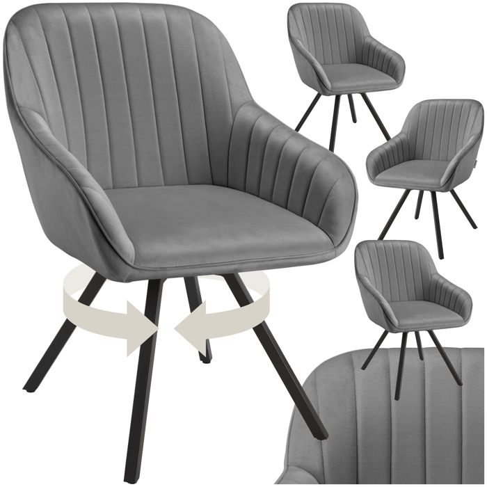 Chaise - TECTAKE - Lot de 4 fauteuils SNUG pivotants avec accoudoirs aspect velours rembourré 58 x 58 x 82 cm - Gris