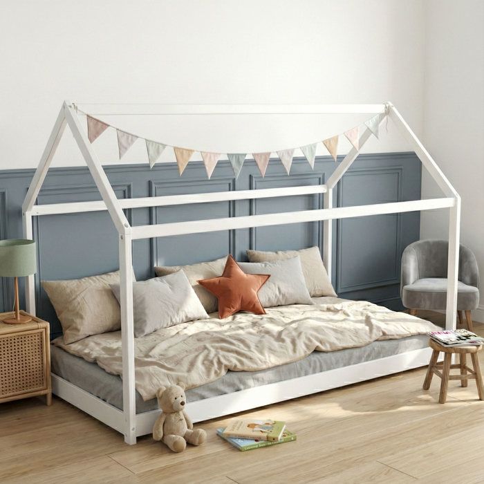 Lit cabane enfant inspiration Montessori en bois blanc 90x200 - LT14004 - Blanc - Terre de Nuit Lit cabane enfant inspiration Montessori en bois blanc 90x200 - LT14004 - Blanc - Terre de Nuit