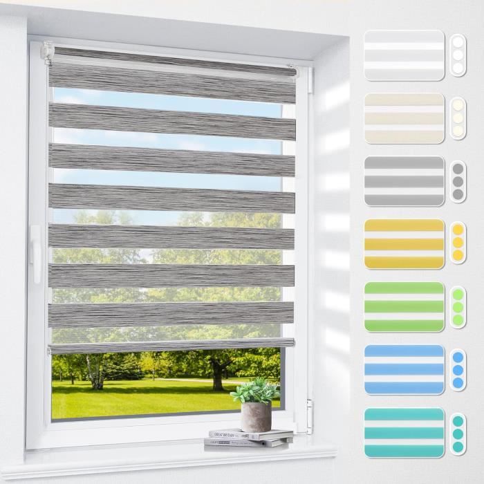 Store Enrouleur Jour Nuit TFSKY - Sans Perçage, Double Tissu Lin 60x150cm | Facile à Installer Avec Clips