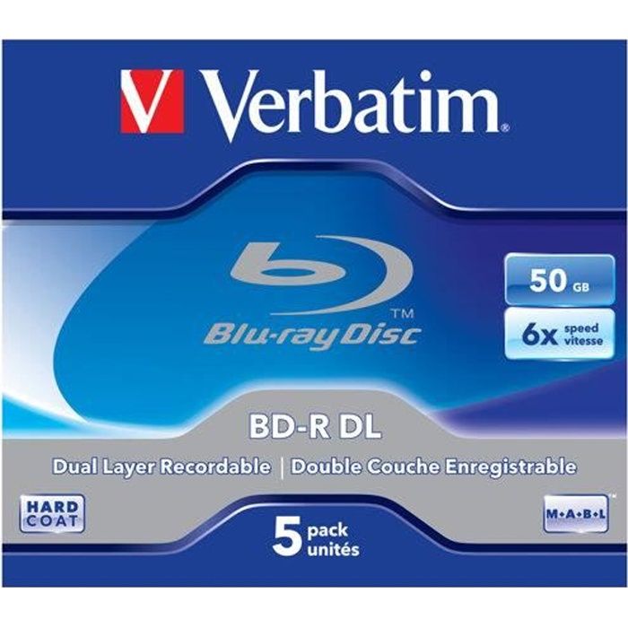 Lot de 5 Blu-ray Disc VERBATIM - R DL - 50 Go 6X - Boîtier CD