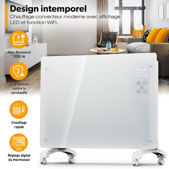 Radiateur Électrique 2000W Lebenlang WiFi – Connecté Appli & Télécommande, Éco, Pied/Mural, Chaleur Rapide