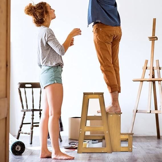 GOPLUS Tabouret d'Echelle 3 Marches Tabouret d'Escabeau Pliable 3 Etages, Fait en Bois de Pin - Bricolage
