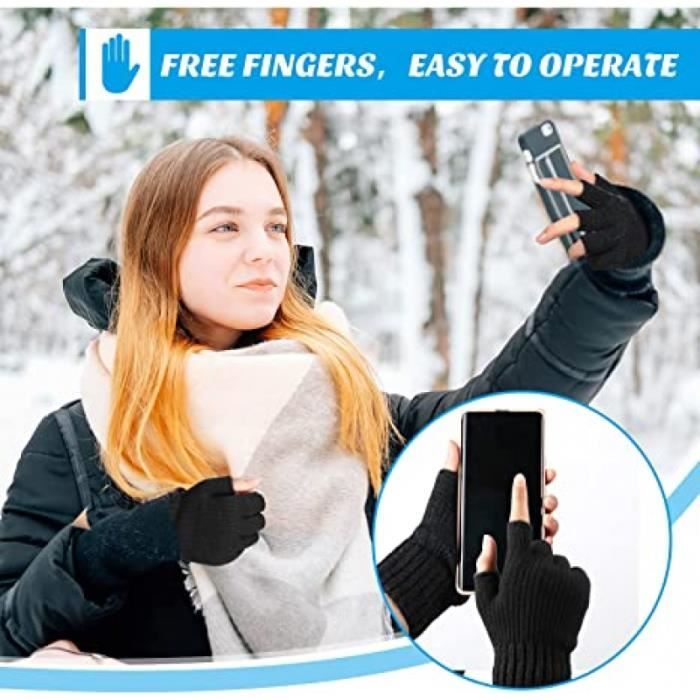 Scettar 2 Paires De Gants Sans Doigts Tricotés, Demi-Doigts Chaud Femme Hiver Mitaine, Gants Tricotés Avec Trous Pour Les Pouces-Chauffe-Poignets(Gris Et Noir