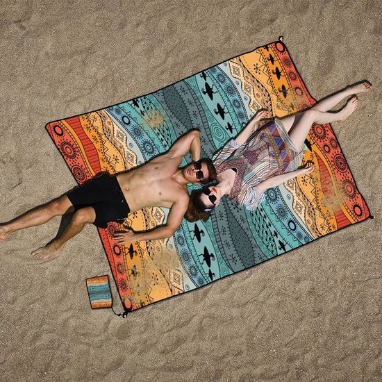 Couverture De Plage Pliable 140x170 Cm - Imperméable, Avec Poches Et Piquets, Sac De Transport Inclus