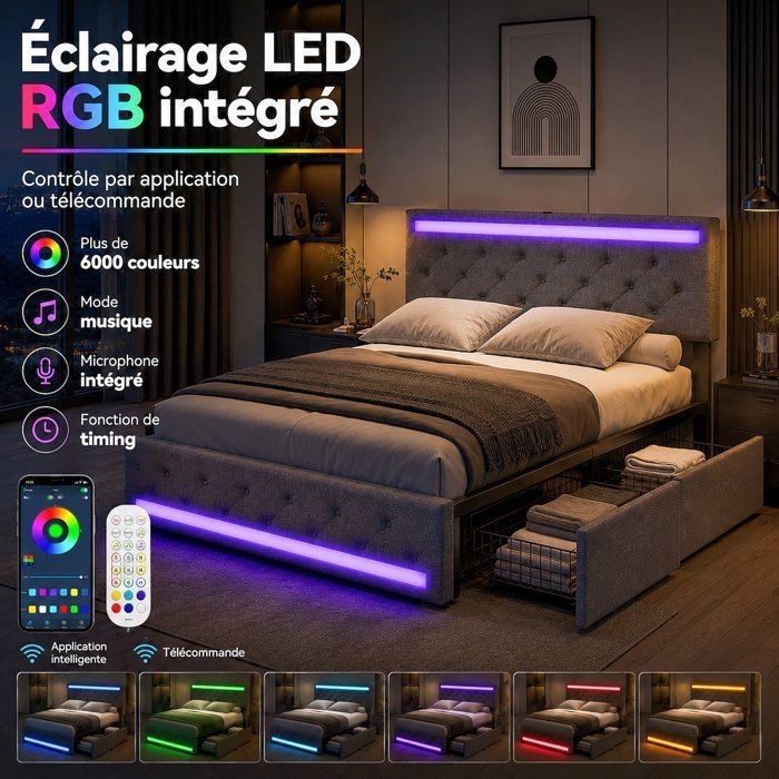 Lit Double 160x200 Cm Avec Tête De Lit Réversible, Prise USB Et éclairage LED - Design Flottant En Lin Gris - 5