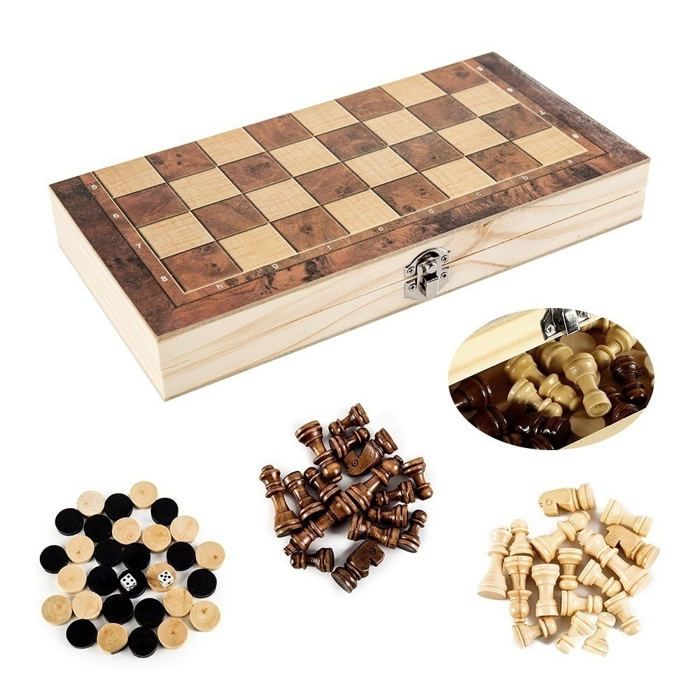 Jeu D’Échecs 3 En 1 En Bois AOKITO – Échiquier Pliable 29x29 Cm – Dames, Backgammon – Voyage, Famille, Cadeau Enfant (29x29x2 Cm)
