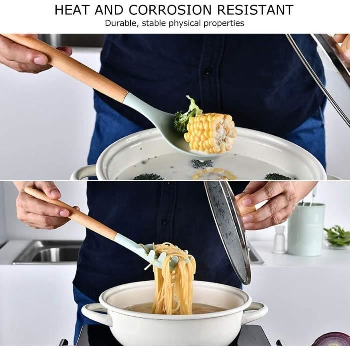 MTEVOTX Kit Ustensiles de Cuisine - Ensemble d'ustensiles de cuisine en  silicone- 12 pièces avec poignées en bois et support (rose) - Cdiscount  Maison