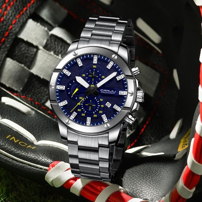 Montre Militaire Chronographe Lige Bleue - Quartz, étanche 30m, Bracelet Polyuréthane, Boîtier Acier Noir