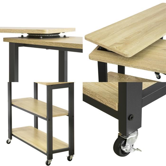 Table D'Appoint à Roulettes - Hauteur Réglable 45-80cm - Pivotante 360° - Plateau MDF