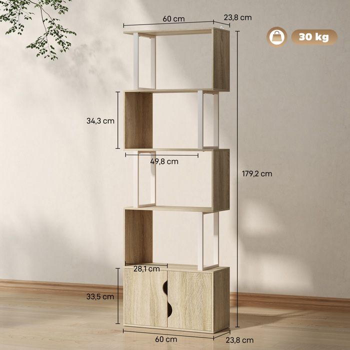 Bibliothèque 5 étagères HOMCOM - 3 étagères Réglables, 176 Cm De Haut - Rangement Salon/bureau En Bois Naturel
