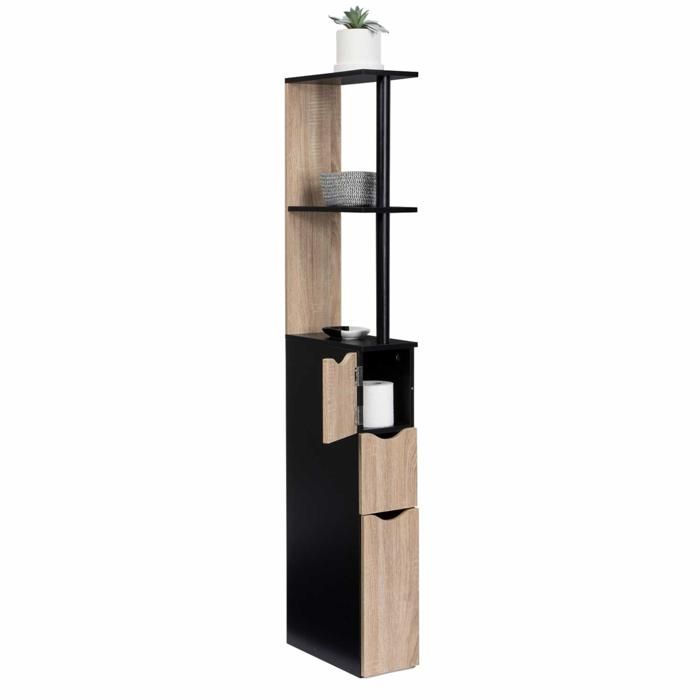 IDMarket Meuble WC Étagère WILLY 2 Portes Noir Et Hêtre - Rangement Gain De Place Salle De Bain