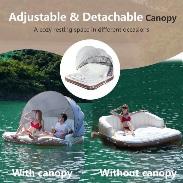LIFEZEAL Salon Gonflable avec Auvent Amovible, Matelas Piscine Adulte 180x180x160 cm, Canapé-Lit Flottant 2 Personnes, Île Flottante, Charge 200 kg