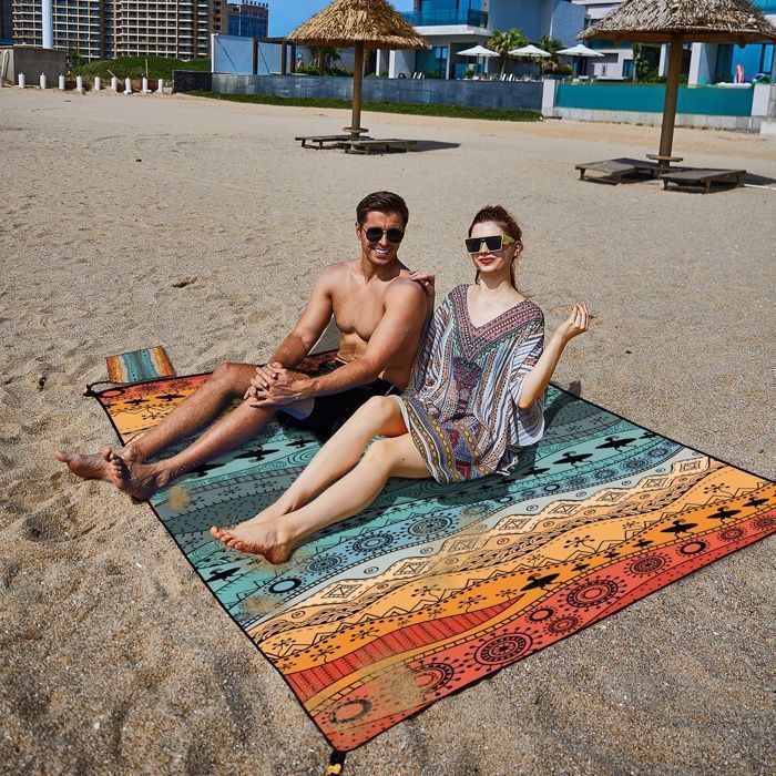 Tapis De Plage Mandala 200x210 Cm Imperméable Anti-Sable - Avec 4 Piquets Et Sac Transport
