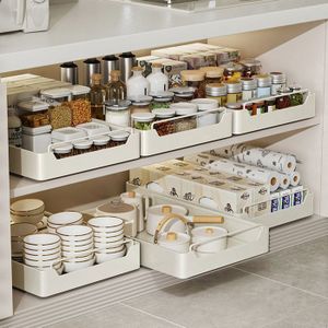 Tiroir Coulissant Cuisine 39,5×23,5×19,5 Cm – Organisateur Placard Extensible, Fixation Sans Perçage, Poignée Bois