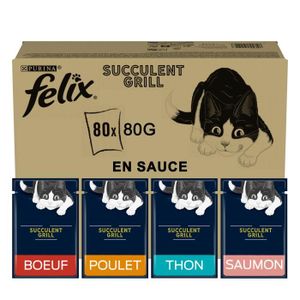 BOITES - PATÉES FELIX Succulent Grill Poulet, Bœuf, Saumon, Thon en Sauce 80X80g - pochons pour chats adultes