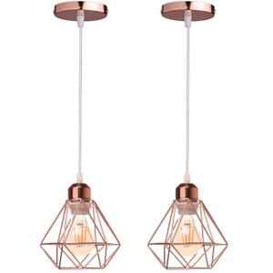 LUSTRE ET SUSPENSION UNI 2PCS Lustre Suspension E27 16CM Cage Diamant en Métal Doré Rose Plafonnier Luminaire pour Couloir Escalier Chambre