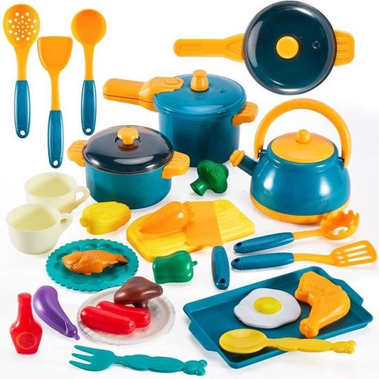 Accessoire Cuisine Enfant Bois,Jouet de Casseroles et Poêles Dinette en Bois ,avec Vaisselle et Aliments,Kit Cuisine Enfant - Jeux - Jouets