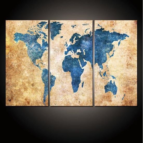 3 Panneau Vintage Carte Du Monde Toile Peinture Imprimer