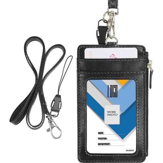 Porte-Badge / Porte-Carte D'Identité En Cuir PU - Fermeture Éclair - Noir - Format 11.5x8cm