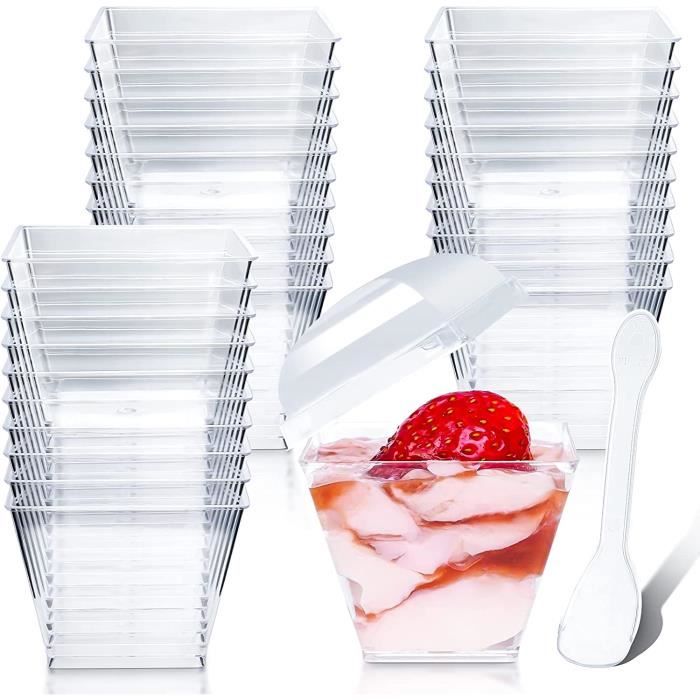 Lot de 300 mini tasses à dessert en plastique transparent avec cuillères -  Tasse à apéritif inclinée pour desserts, gobelet carré en forme de cœur