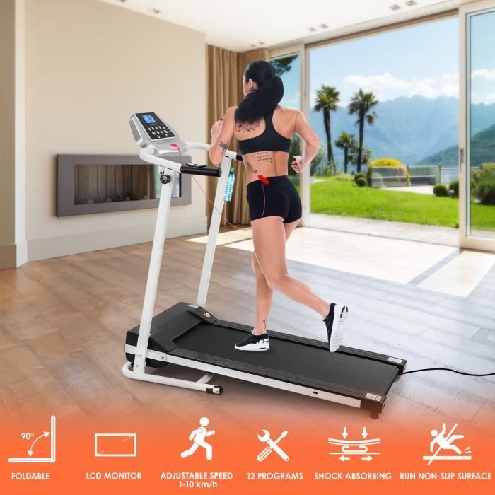 BESPORTBLE Tapis de course electrique - 12 programmes - 1-10 km-h - pliable - Blanc