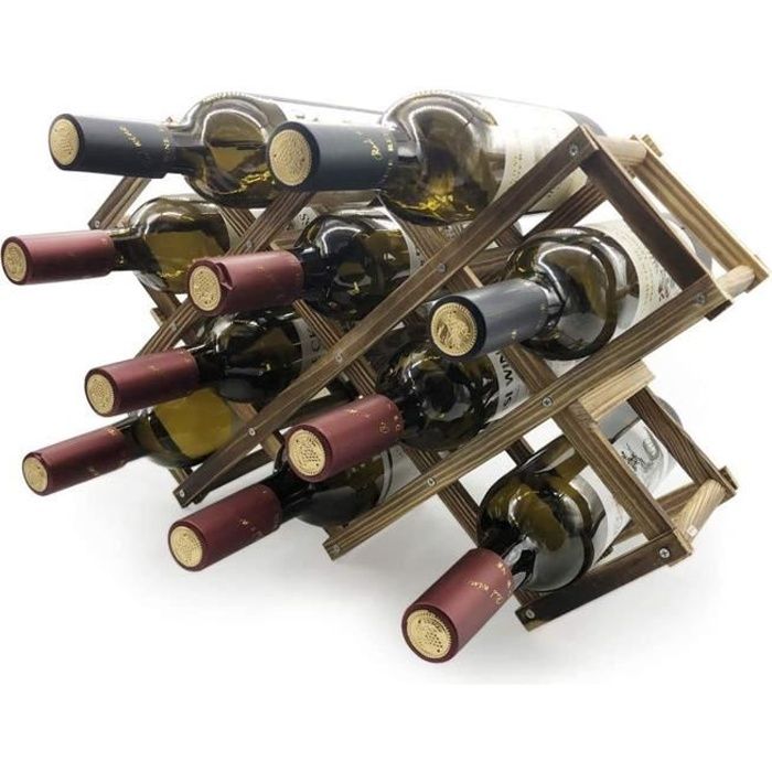 Etagères à Vin en Bois de 10 Bouteilles, Porte-Bouteille pour 10 Bouteilles Pliable à Rangement, Porte-Vin - Bois Carbonisé