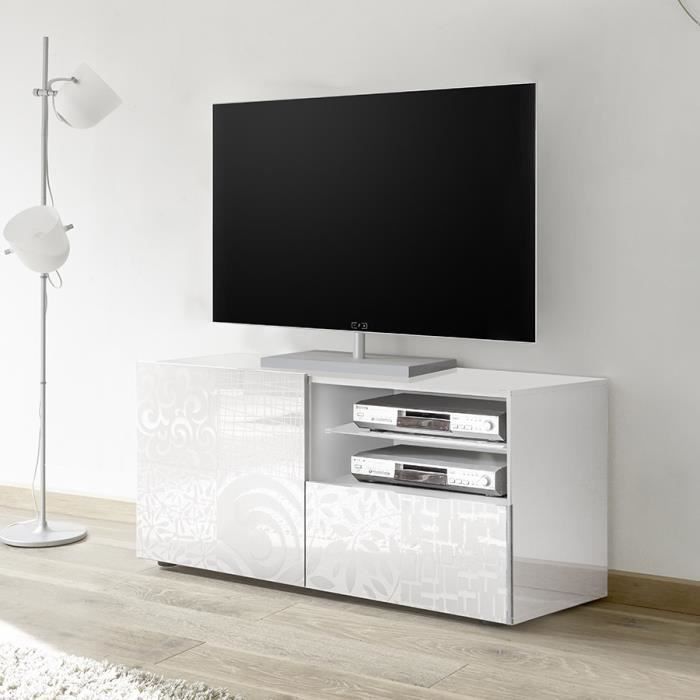 Petit meuble TV 120 cm blanc laqué design ELMA Blanc Sans éclairage
