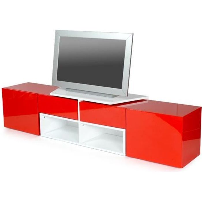 Meuble TV laqué Blanc et Rouge mobiles.