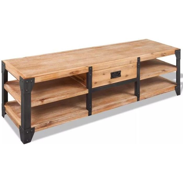 Meuble Tv Bas - Style Industriel - 100% Bois d'Acacia Massif &Pieds En Acier - 140*40*45 Cm